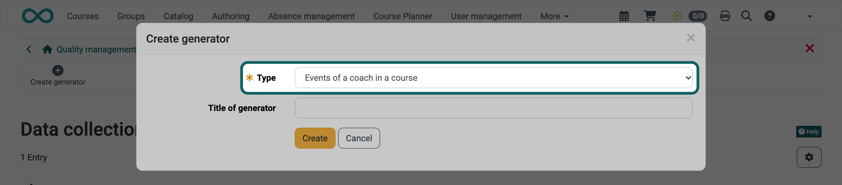 Type Events of a coach in a course highlighted