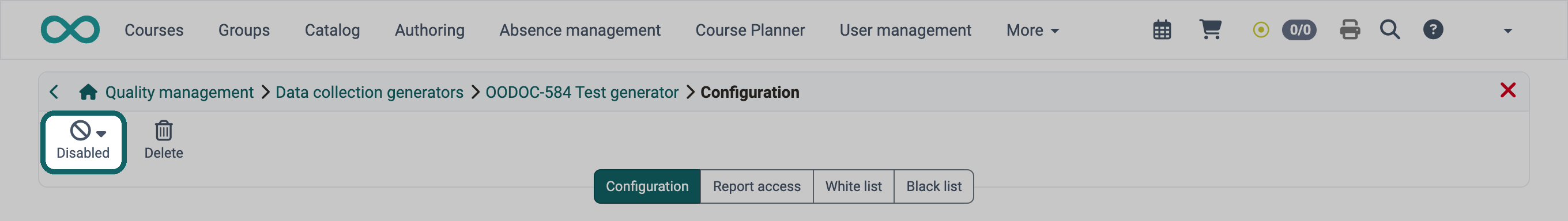 Button Disabled at the top left highlighted, above the tabs Configuration, Report access, White list and Black list of a generator