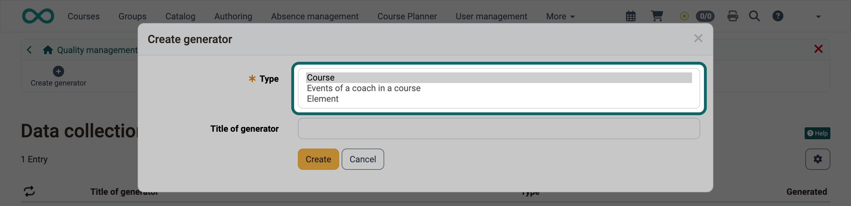 Selection Type with the entries Course, Events of a coach in a course and Element