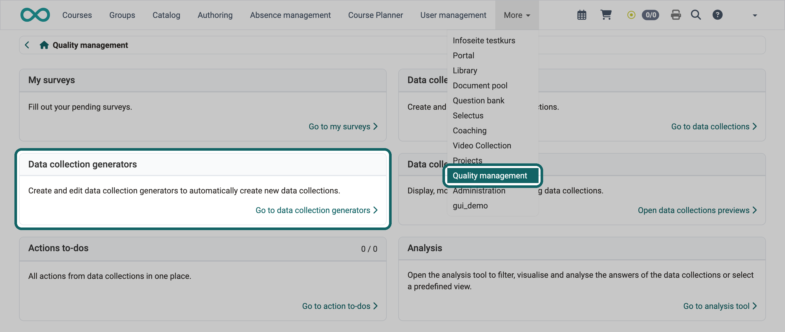 Way to the generators: entry Quality management in the More menu and tile Data collection generators with the link Go to data collection generators highlighted