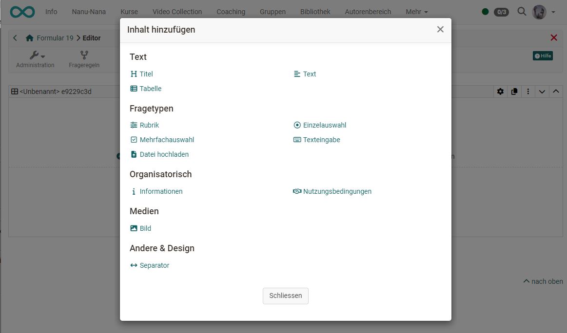 The Add content dialog in the Form Editor with the additional area Question types.