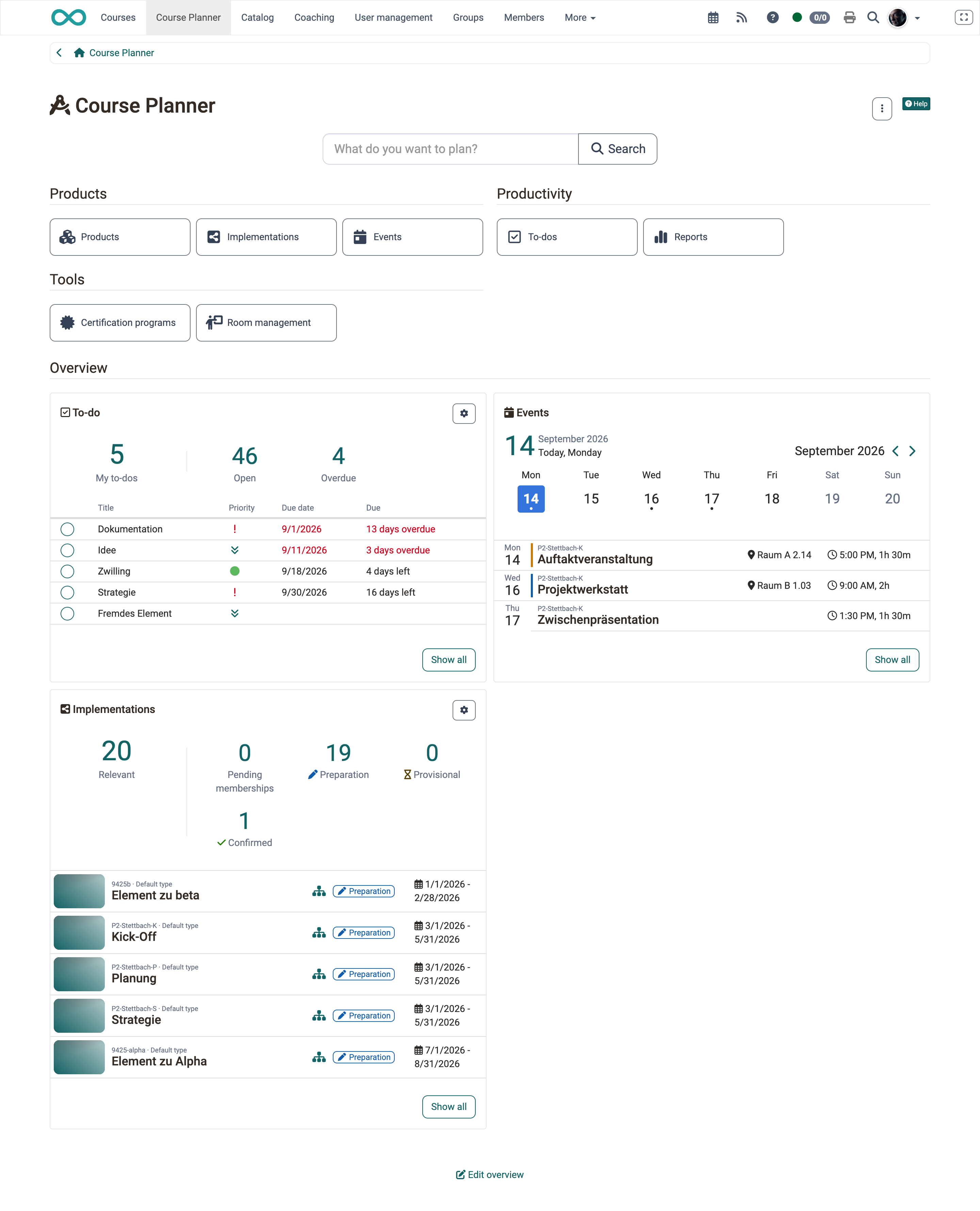 Buttons in the groups Products, Productivity and Tools, below them the separator Overview with the tiles Implementations, Events and To-do, on the start page of the Course Planner