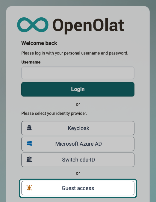 Login page with the marked Guest access button below the login with an account and the identity providers; people without an account enter OpenOlat via this button