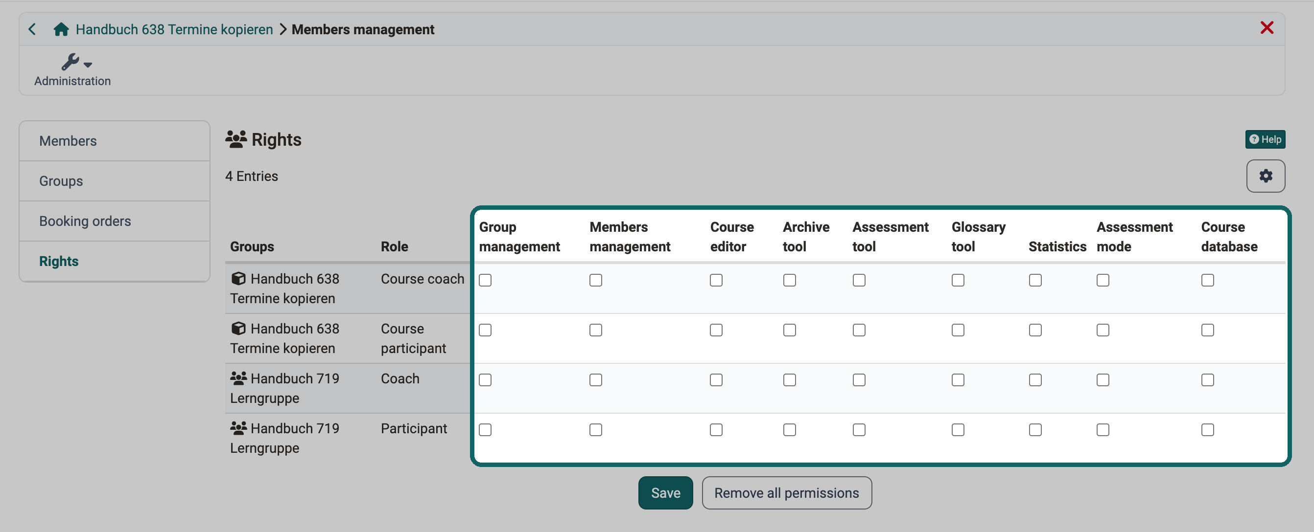 The nine rights from Group management to Course database, which you tick per course role and per role in a group