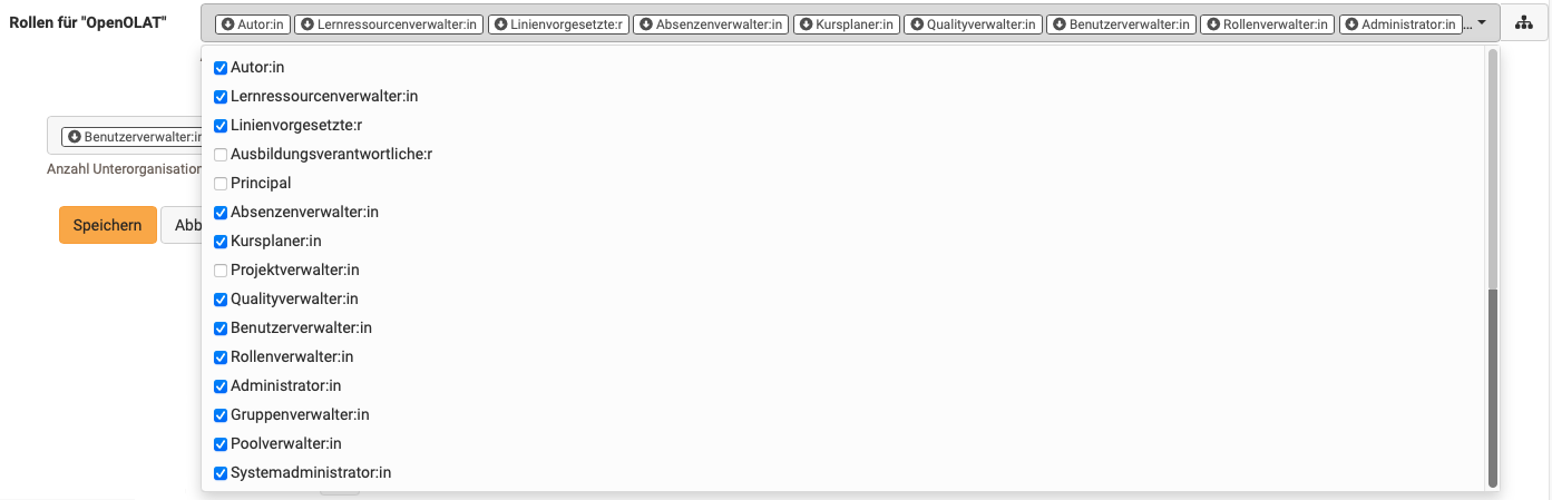 All 15 organisation roles from author to system administrator as a selection list, in the Roles tab of the user management