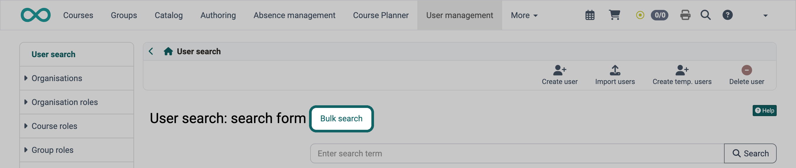 Account search in the user management · 2026.10.22 Marked link Bulk search next to the title User search: search form