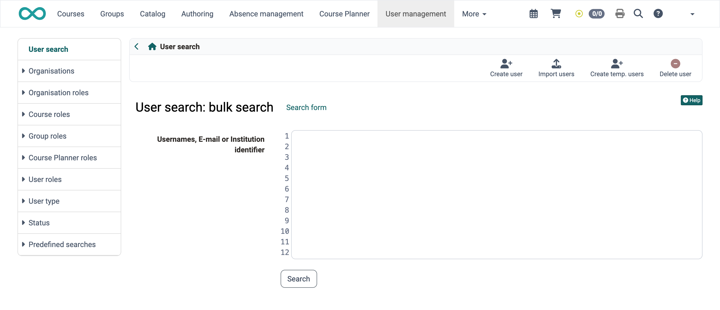 Bulk search in the user management · 2026.10.22 Large input field with line numbers for several usernames, e-mail addresses or institution identifiers and the link Search form to switch back