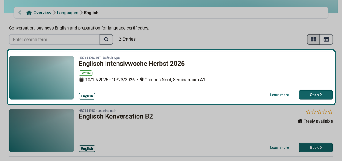 On the microsite English, the implementation Englisch Intensivwoche Herbst 2026 with its subject English appears next to a course with the same subject