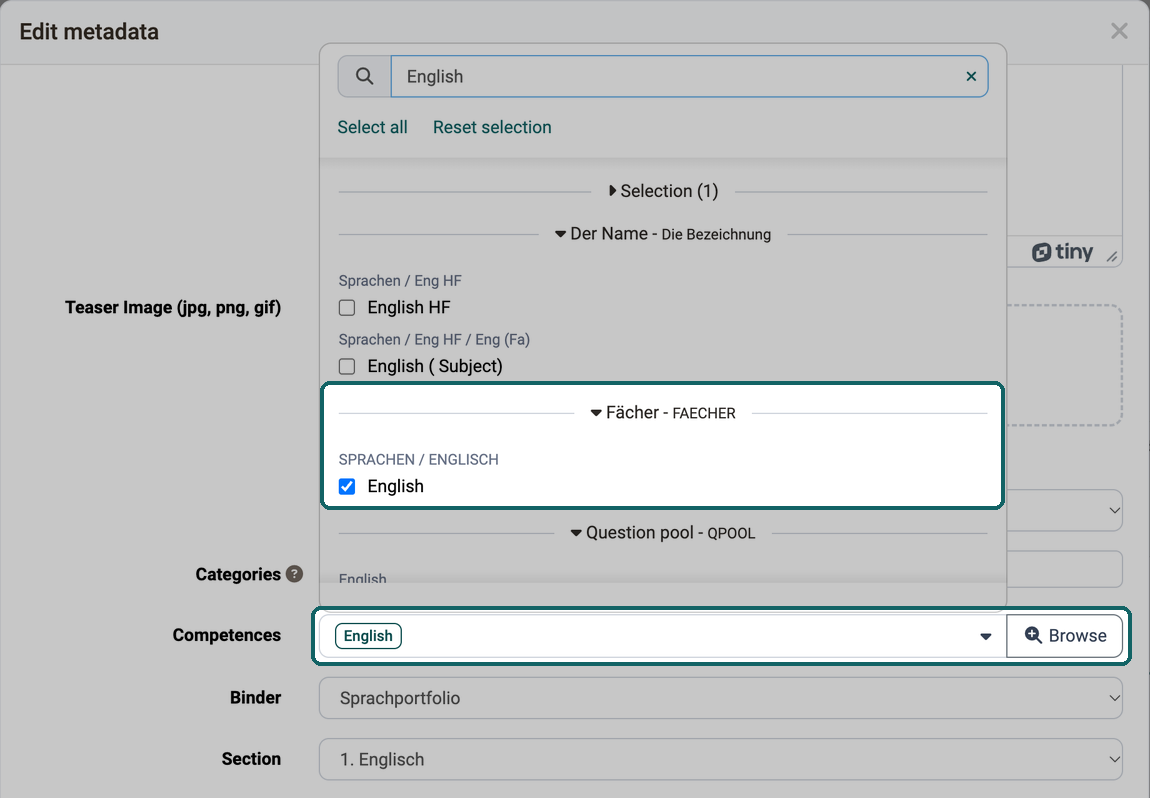 In the dialog Edit metadata of a portfolio entry, English is selected in the field Competences, the selection list shows the taxonomy level under the taxonomy Fächer with the path SPRACHEN / ENGLISCH