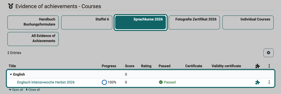 In the evidence of achievement, the tile of the product Sprachkurse 2026 is selected, the implementation Englisch Intensivwoche Herbst 2026 appears under its subject English