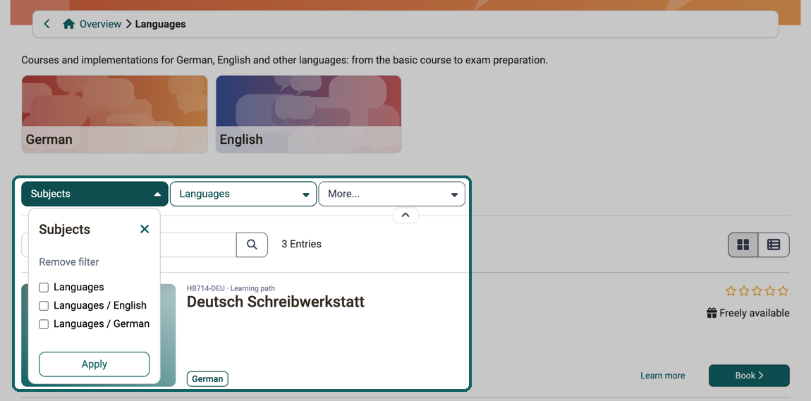 On the microsite Languages, the filter Subjects is open and offers Languages, English and German, next to it is the filter Languages of the type Taxonomy level
