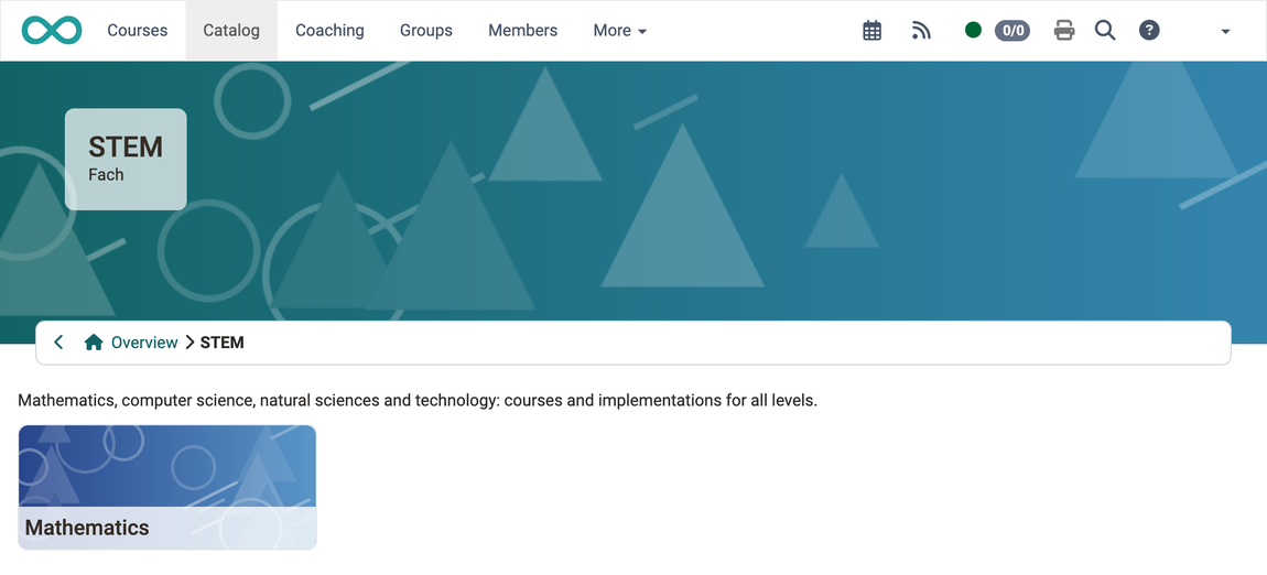 The microsite STEM shows the background image in the header, below it the description and the tile of the sublevel Mathematics