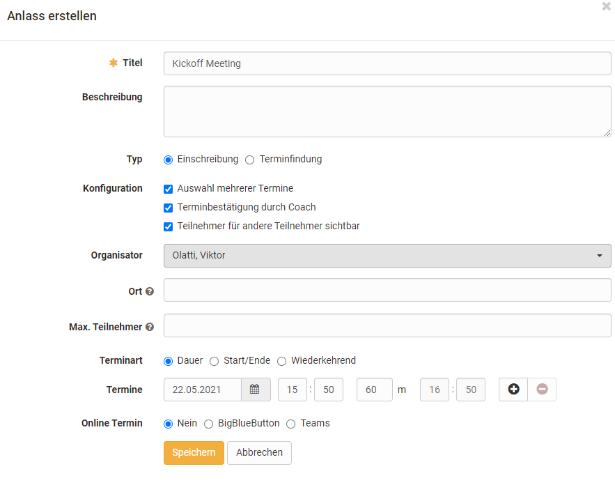 Dialog Create occasion with title, description, type Enrolment, configuration options, organizer, appointment type Duration and one entered appointment