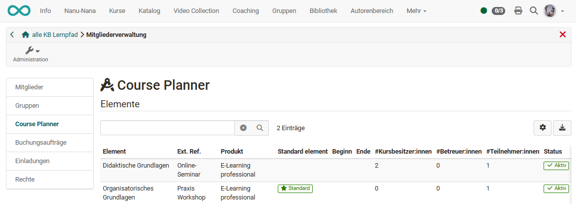Course Planner area in the members management with elements and their number of owners, coaches, and participants
