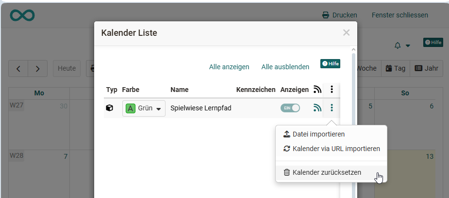 Option "Reset calendar" in the calendar list menu