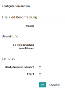 Checkboxes for jointly changing display, exclusion from course assessment and learning path fields of several selected course elements, in the dialog Change configuration