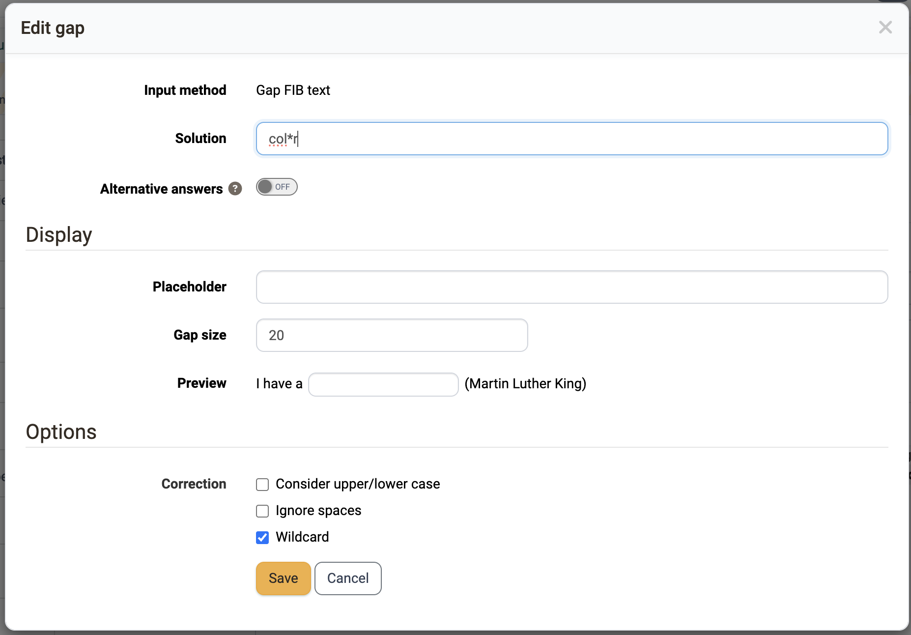 Dialog "Edit gap" with the correction options