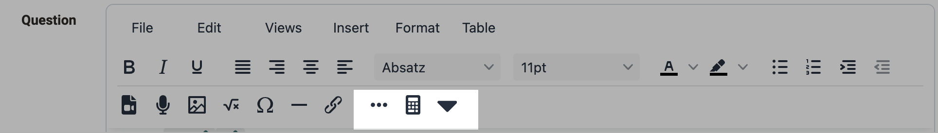 Editor toolbar with the buttons for inserting text, numerical and dropdown gaps