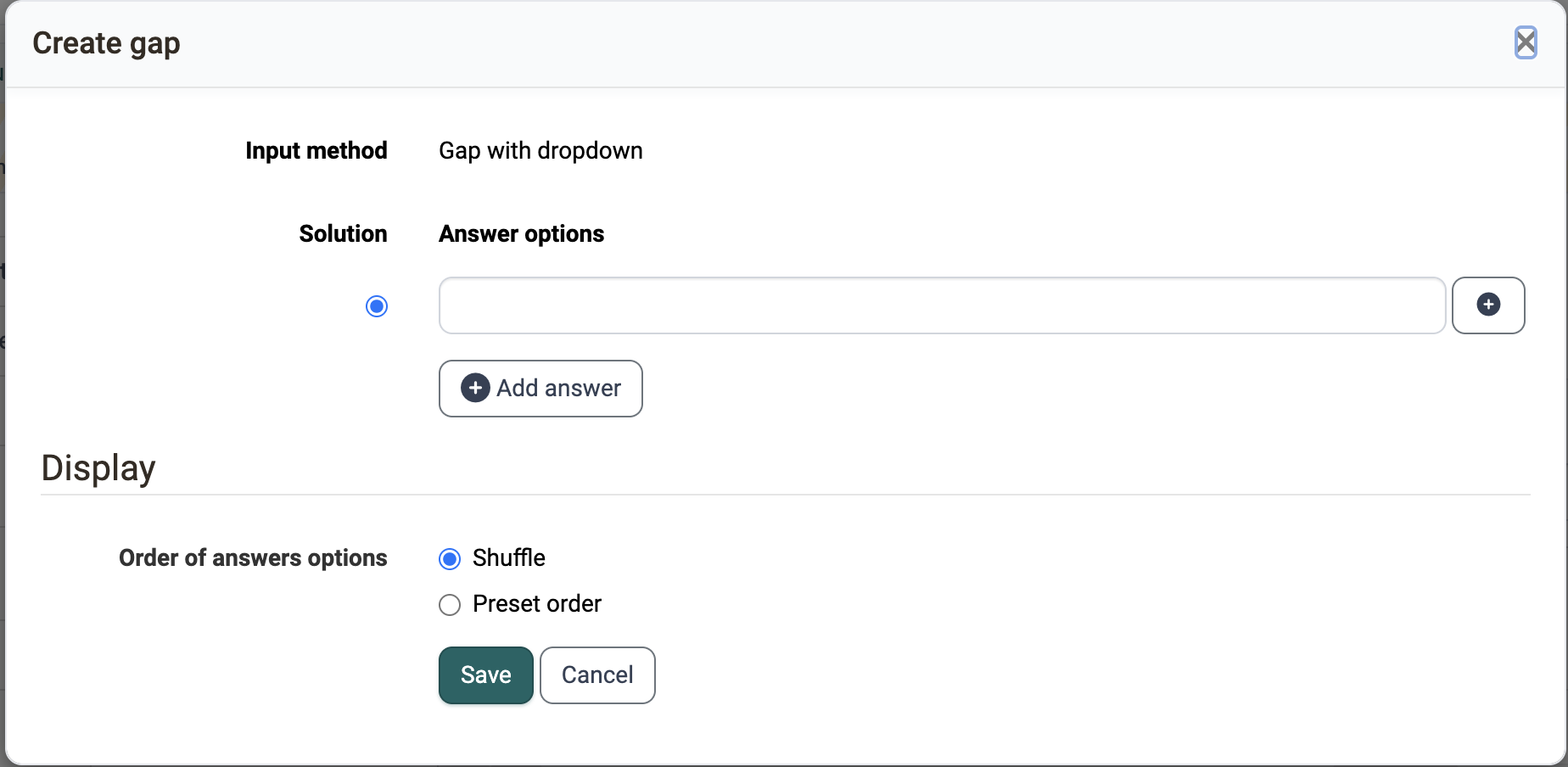 Dialog "Create gap" with the "Order of answers options" option