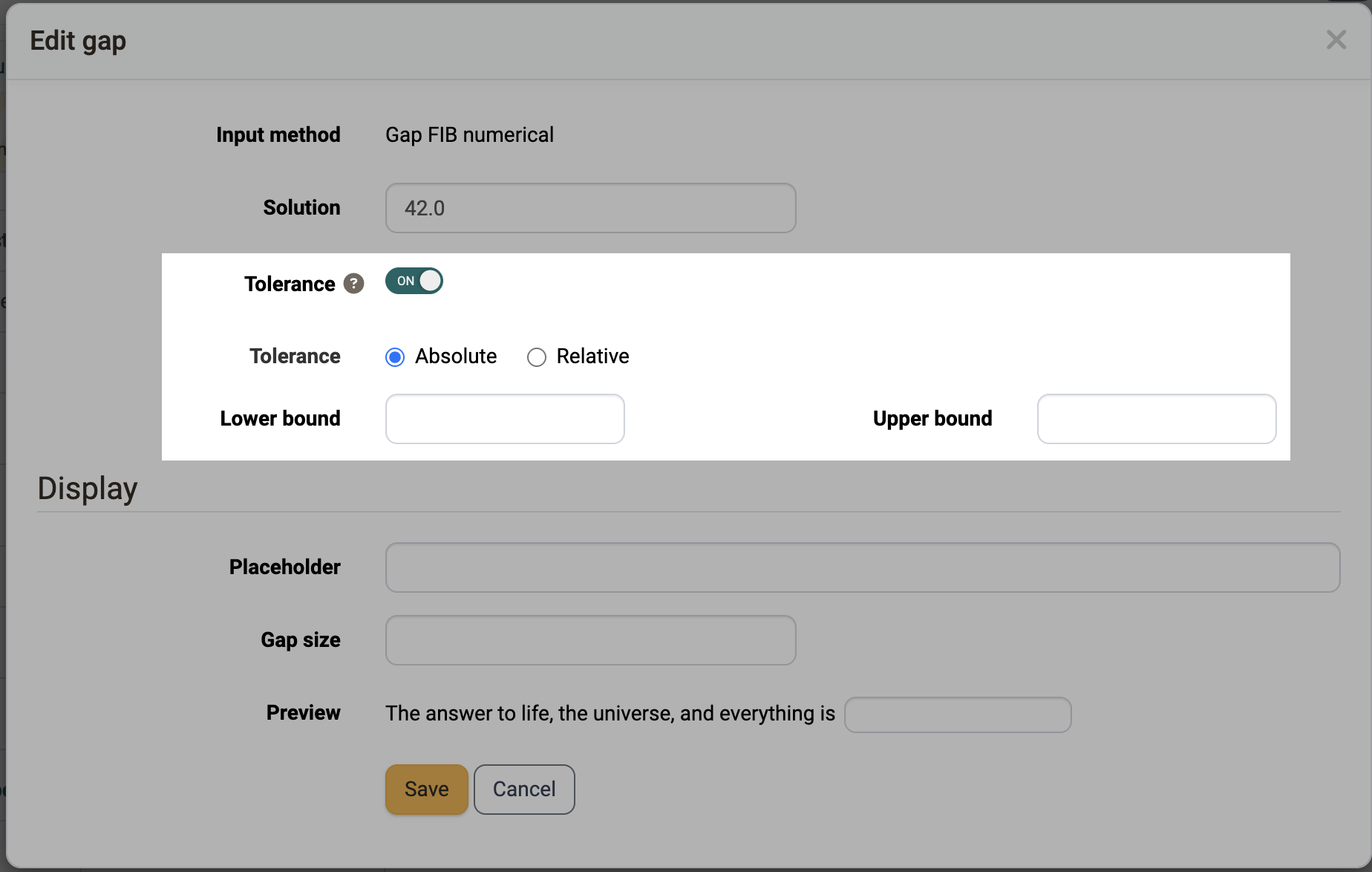 Dialog "Edit gap" for Gap FIB numerical with tolerance switched on