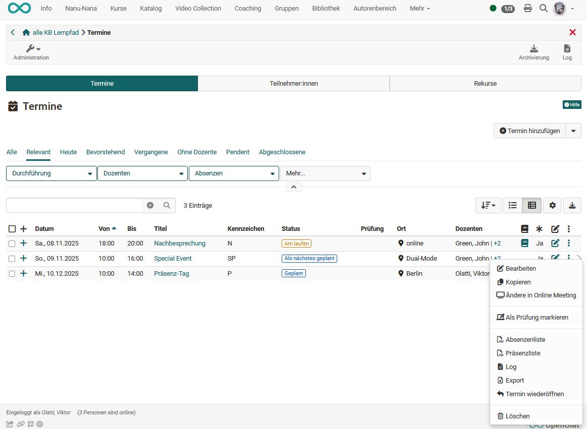 The 3-dot menu of an event offers, among others, Edit, Copy, Change to an online meeting, Mark as exam, absence and attendance list, Export and Reopen event
