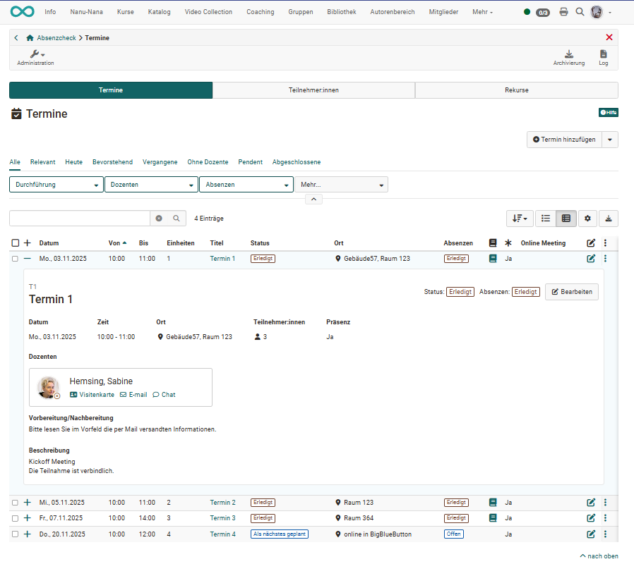 Menü Termine für Kursbesitzernde