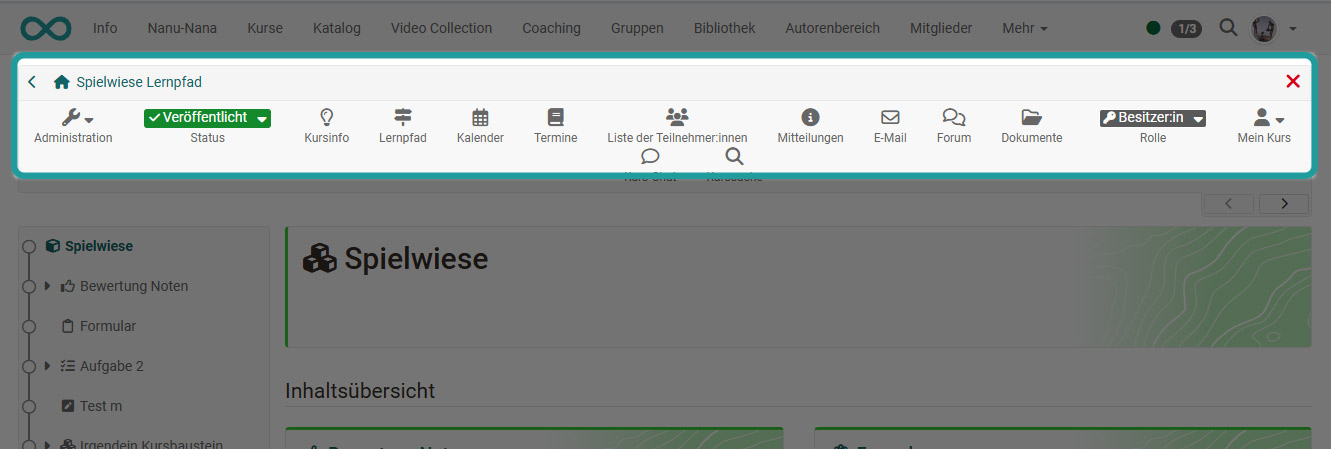 Course toolbar with the icons Administration, Status, Course info, Learning path, Calendar, Events, Participant list, Notifications, E-mail, Forum, Documents, Role and My course