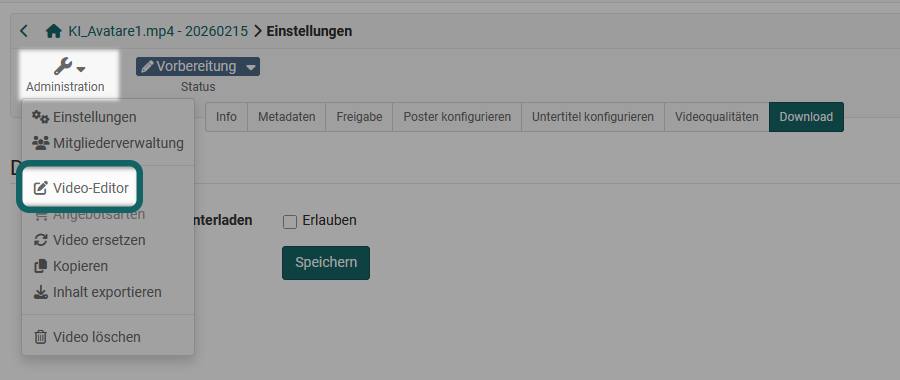 Menü Video Editor starten