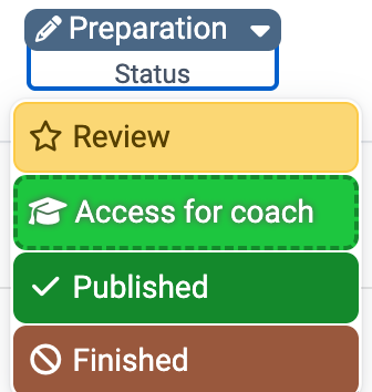 Status Preparation on the button, the open menu showing Review, Access for coach, Published and Finished