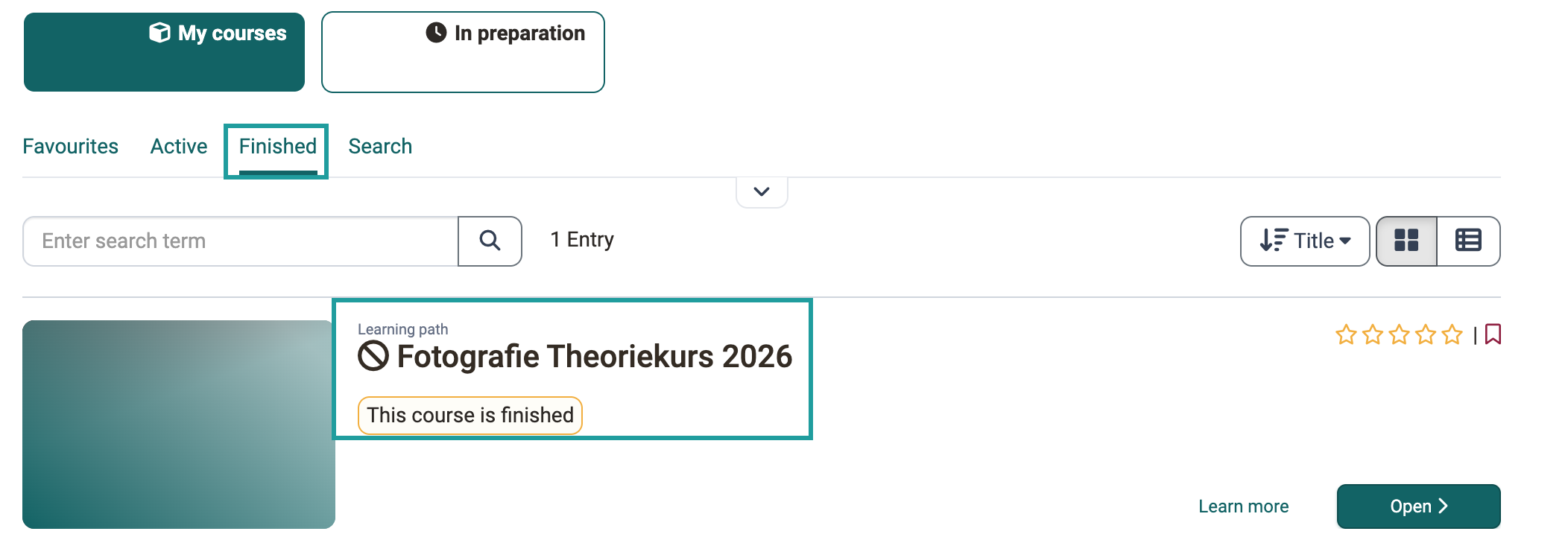 Courses menu item, tab "Finished" with one finished course: crossed-out icon in front of the title and the note "This course is finished"