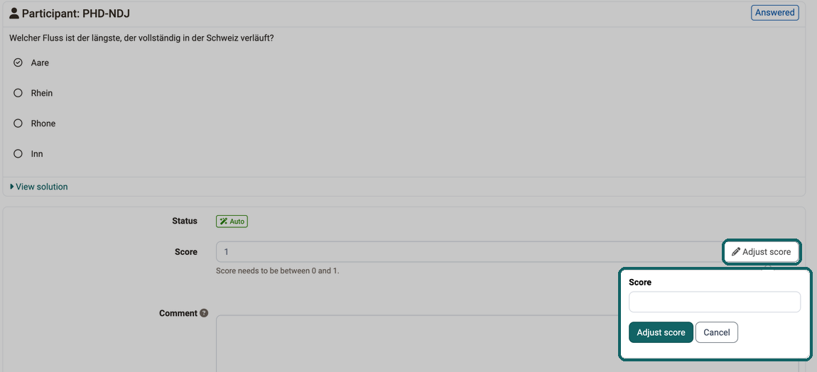 Read-only Score field with the Adjust score button and the open input window for the new score