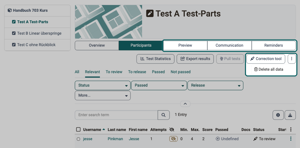 Tabs Preview, Communication and Reminders next to Overview and Participants marked, together with the Correction tool button and Delete all data in the menu with three dots