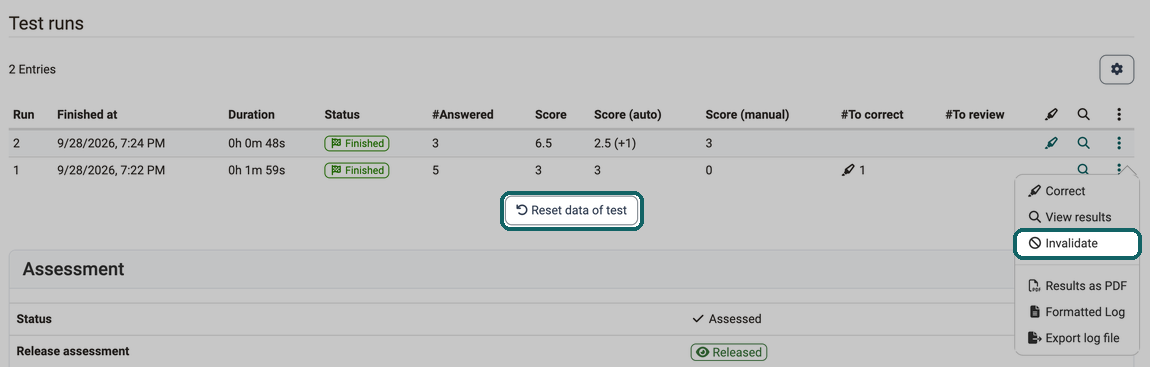 Menu with three dots of a test attempt opened with the action Invalidate, below it the Reset data of test button, both highlighted