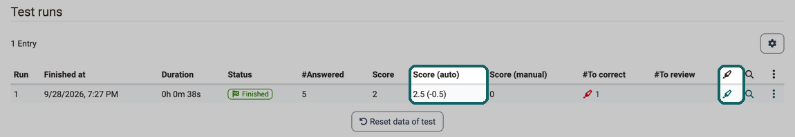 List of the test runs of a person with the columns Score, Score (auto) with adjustment in brackets, Score (manual), #To correct, #To review and Correction