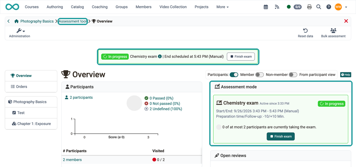 Overview of the assessment tool Banner of the active assessment mode with button "Finish exam" and tile Assessment mode with status In progress marked
