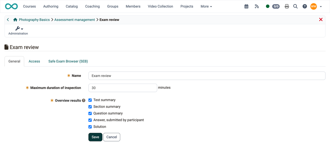 Fields Name, Maximum duration of inspection and the five checkboxes of Overview results