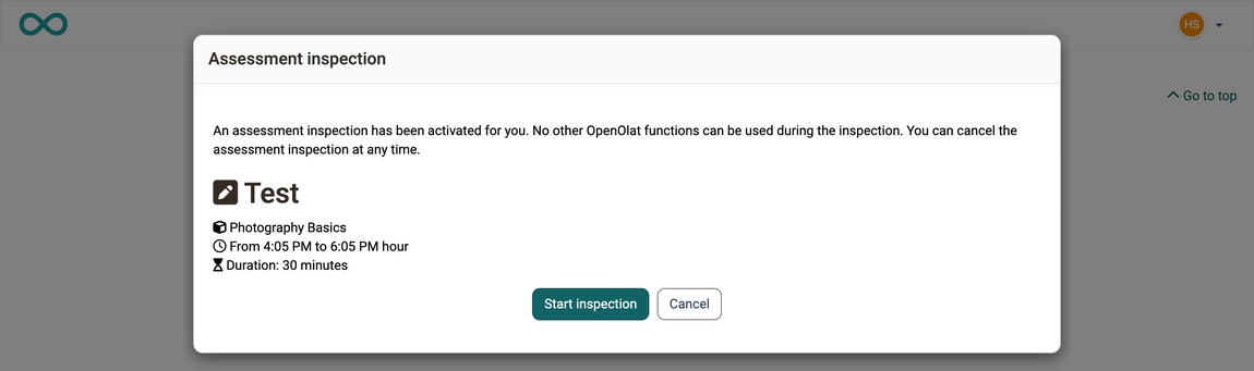 Dialog "Assessment inspection" with test, course, inspection period and duration, and button "Start inspection"