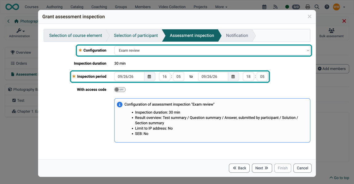 Fields "Configuration" and "Inspection period" marked