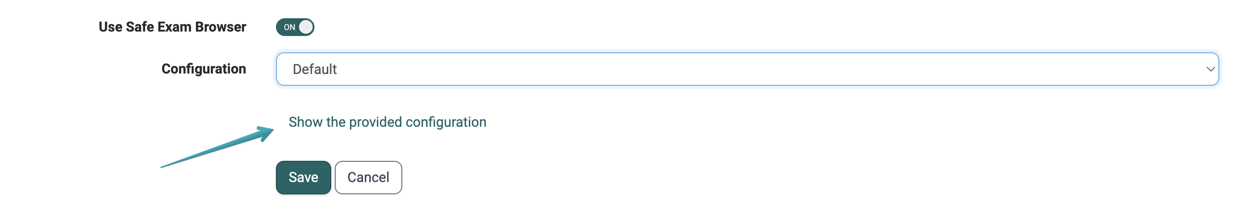 Dialog Exam setting for an event · 2026.10.02 Switched-on toggle Use Safe Exam Browser with the field Configuration and the link Show the provided configuration