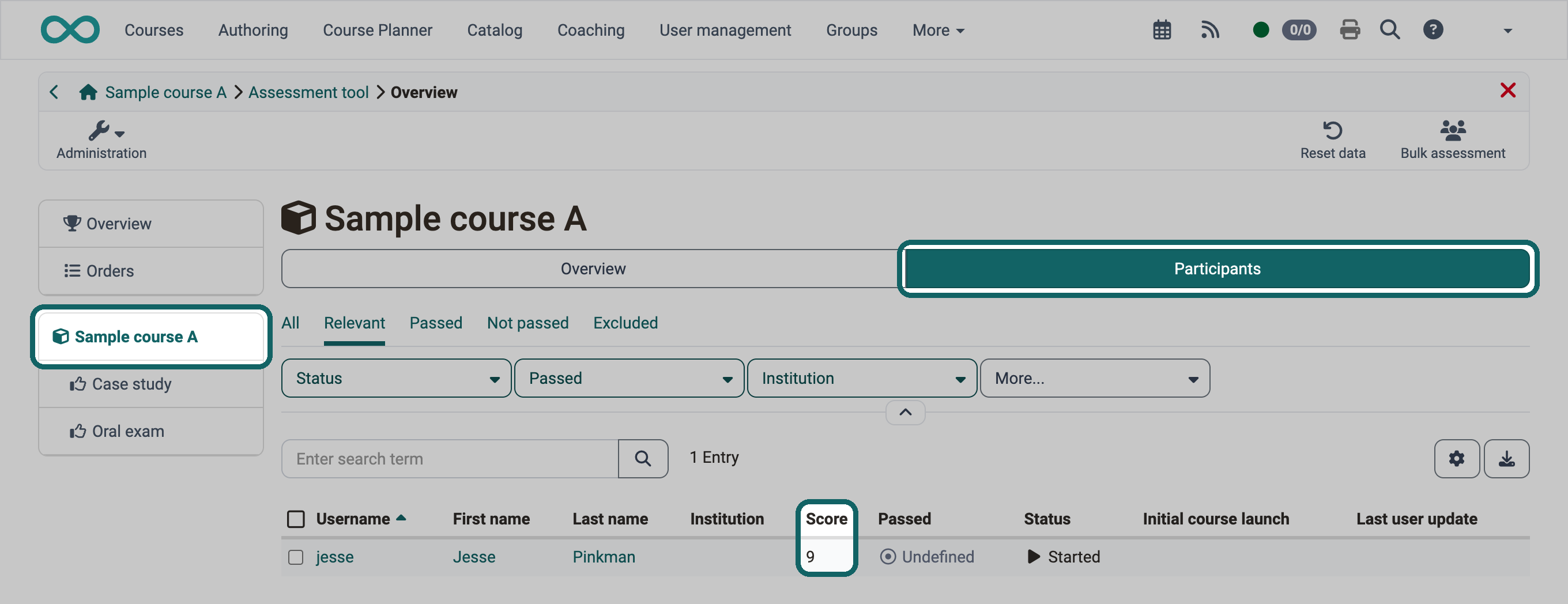 Course name selected on the left, the Participants tab and the Score column with the points of the entire course per person highlighted