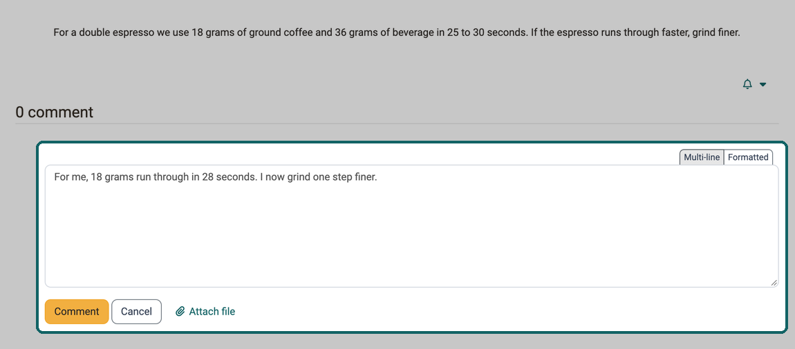 Open text editor with a comment and the Comment, Cancel and Attach file buttons highlighted