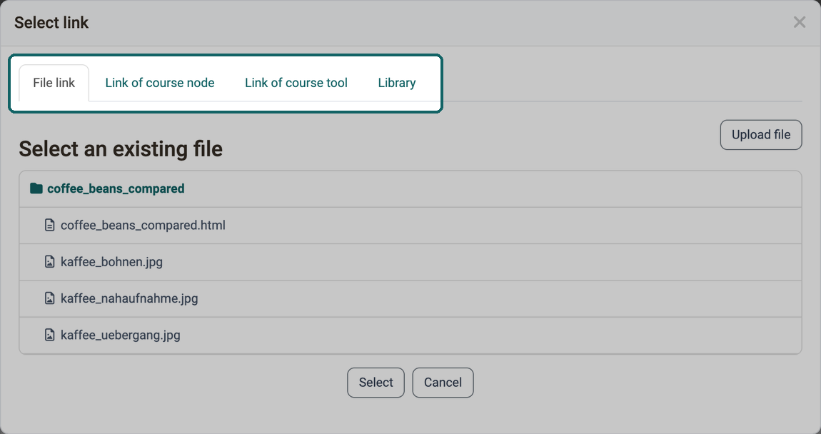Four link types highlighted as tabs: File link, Link of course node, Link of course tool and Library