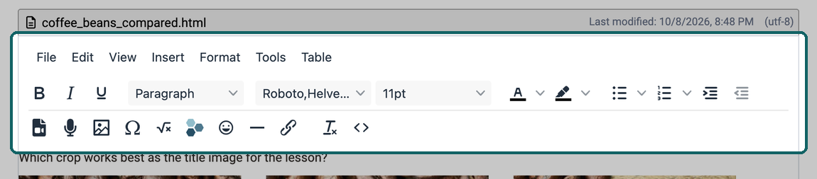 Menu bar from File to Table and two-row toolbar of the HTML editor highlighted
