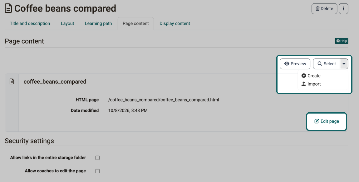 Preview and Select buttons with the Create and Import menu and the Edit page button highlighted, below them the security settings