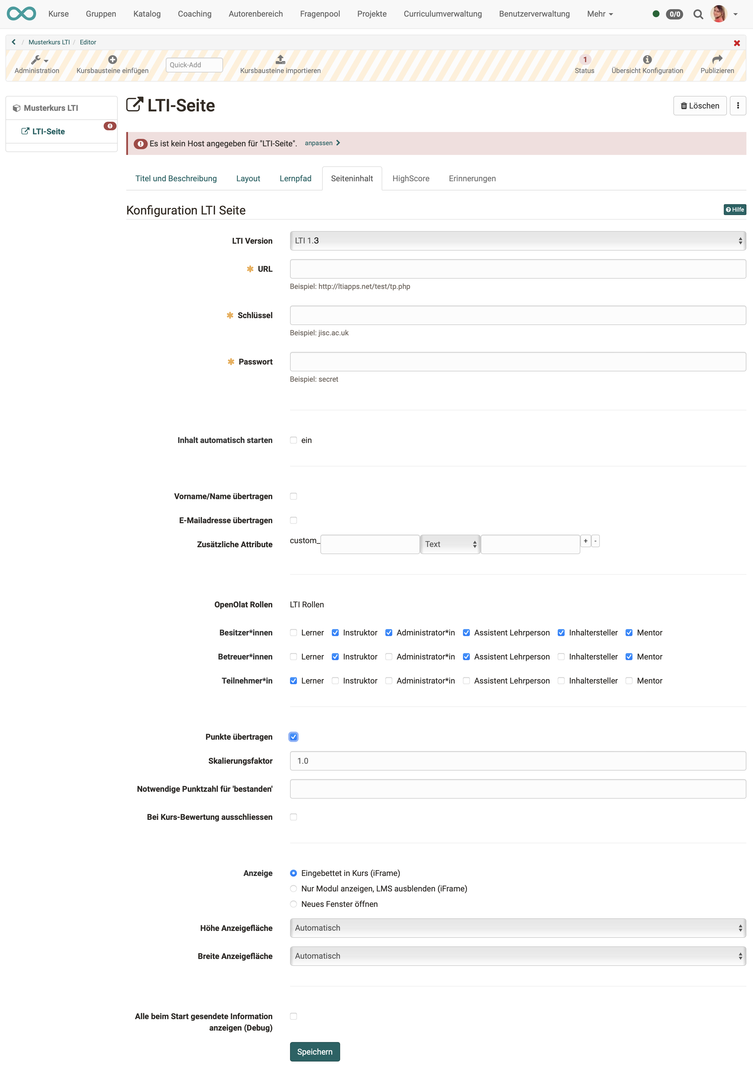 URL, key and password, OpenOlat roles with LTI role mapping, transfer score with scaling factor, and the three display options: tab Page content in the course editor