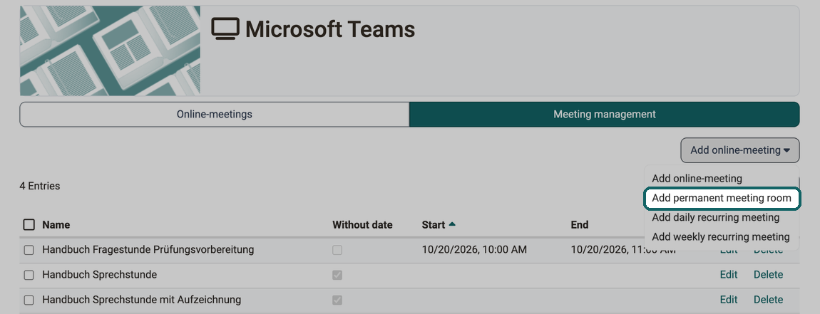 Tab Meeting management in the Microsoft Teams course element · 2026.10.05 Open selection Add online-meeting with four variants, Add permanent meeting room is marked