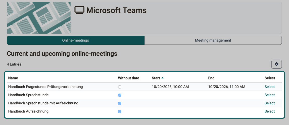 Tab Online-meetings from the owners' view · 2026.10.05 List Current and upcoming online-meetings with four online meetings, three of them without a date, each with the link Select