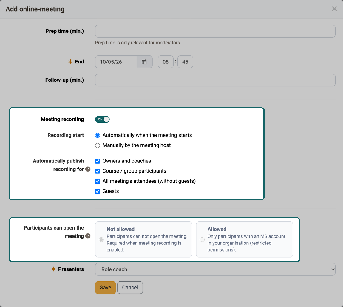 Lower part of the dialog Add online-meeting · 2026.10.05 Meeting recording on, below it Recording start and four roles for publishing, the card Not allowed fixed