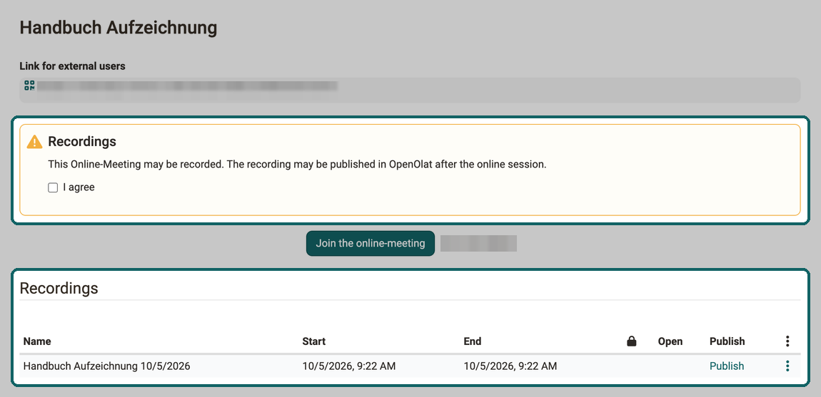 Page of an online meeting with meeting recording · 2026.10.05 Notice Recordings with I agree above the button Join the online-meeting, below it a recording still without the link Open