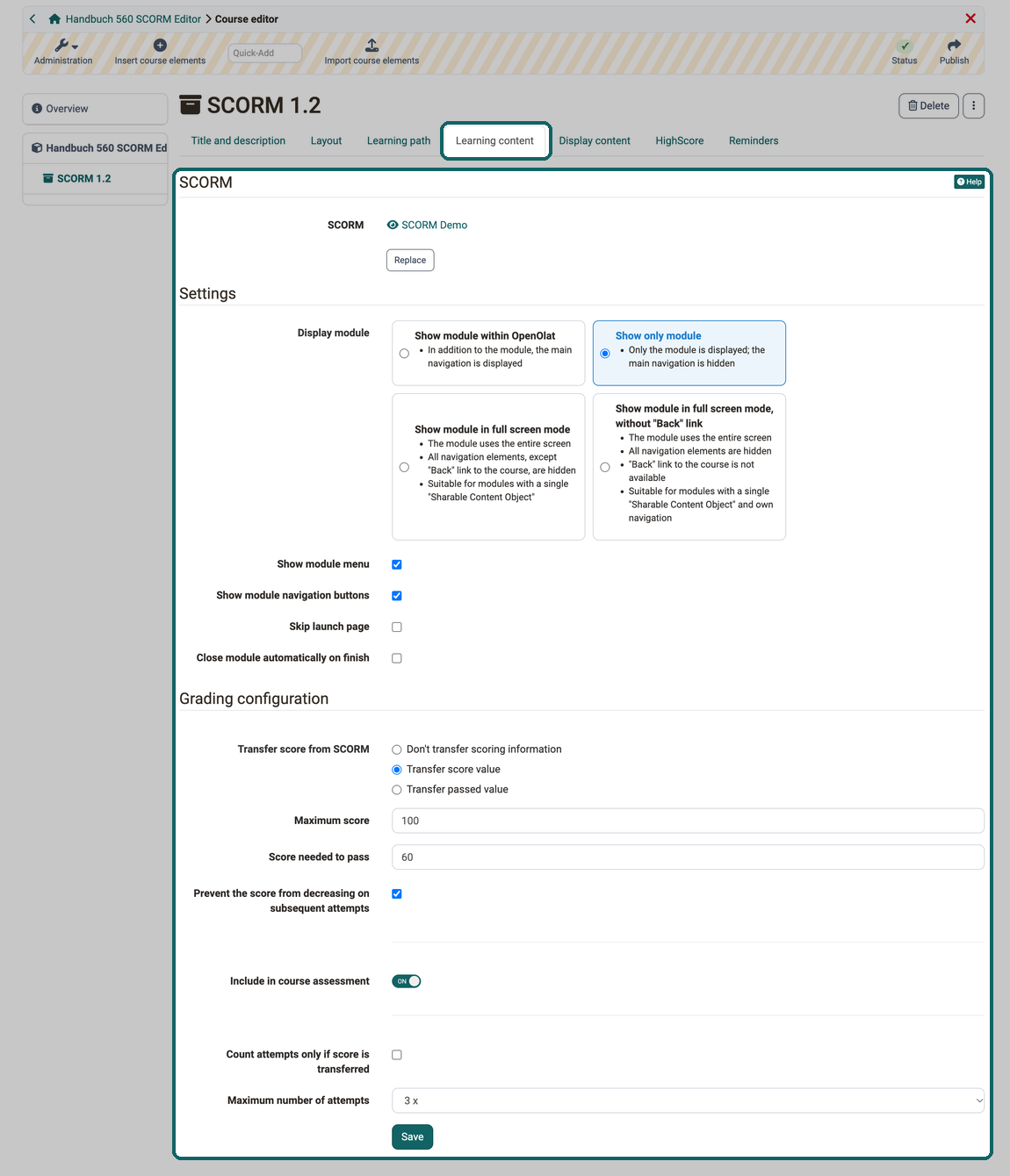 Tab Learning content in the course editor · 2026.10.08 Field SCORM with the selected package and button Replace, below it the areas Settings and Grading configuration with all fields